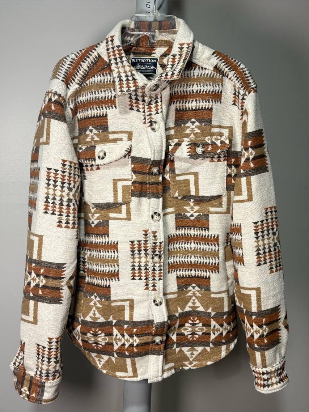 Distortion Men's L Aztec Shacket Button-Up Shirt Brown Beige Southwestern Jacket